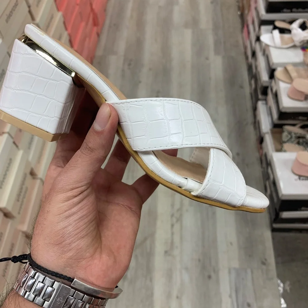 Square Toe Mule Low Block Heel Sandal in White Croc Embossed Faux Leather - Picture 2 of 6